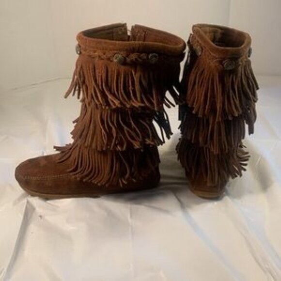 Minnetonka Brown Suede Girls Triple Layer Fringe Side Zip Calf High Boots - Picture 5 of 8